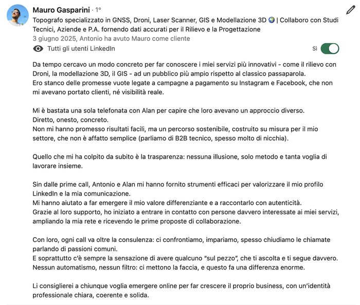 Referenza LinkedIn di Mauro Gasparini