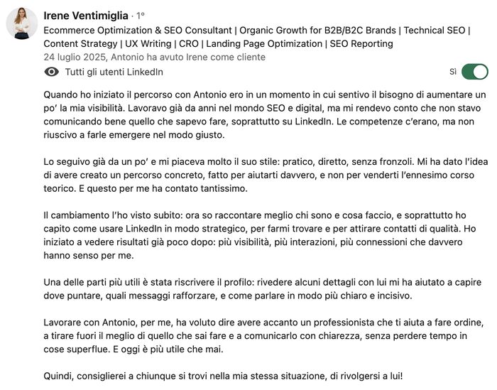 Referenza LinkedIn di Irene Ventimiglia