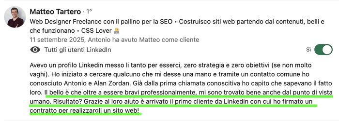 Referenza LinkedIn di Matteo Tartero