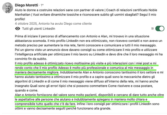 Referenza LinkedIn di Diego Moretti