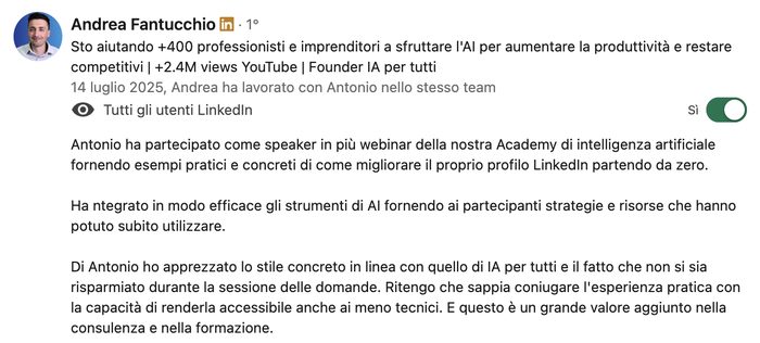 Referenza LinkedIn di Andrea Fantucchio
