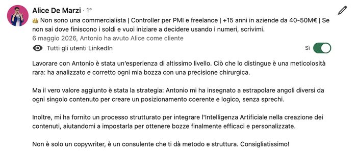 Referenza LinkedIn di Alice De Marzi